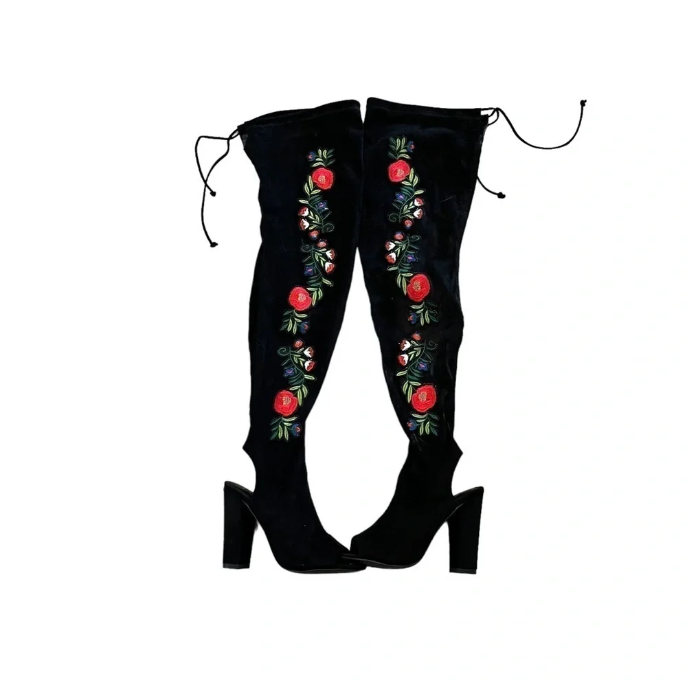 Liliana Thigh High Floral Embroidered Faux Suede 4.5” Heel Open Toe Heel Boots 8